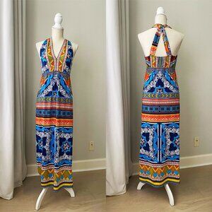 Hale Bob Boho Blue White Red Yellow Stretch Halter Open Back Maxi Dress Small